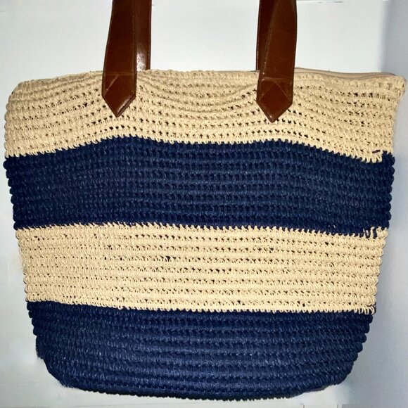 SunNSand Woven Jute Beach Tote Bag Zip Top Navy Tan Stripe 18wx14.5hx6.5"d EUC - Picture 4 of 9
